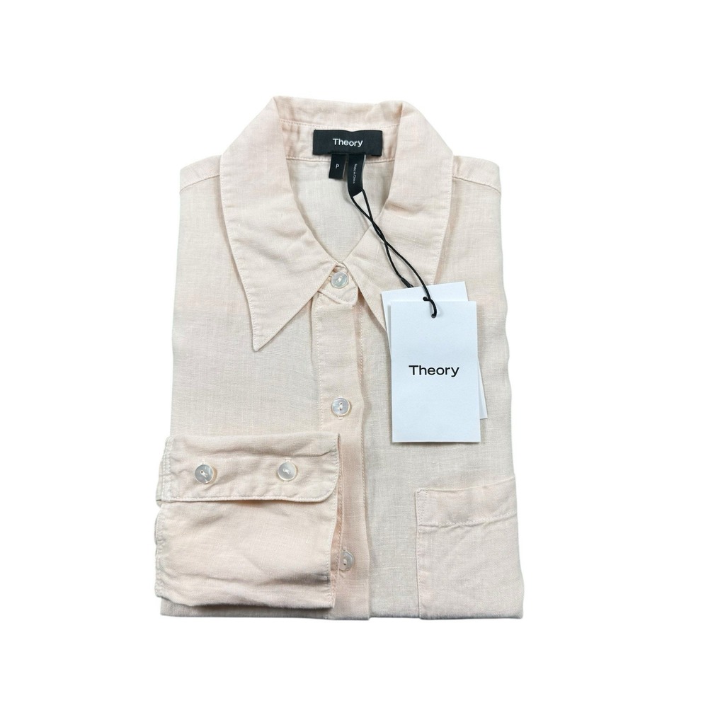 Theory Light Peach Pure Linen Slim Collar Button Down Size P NWT